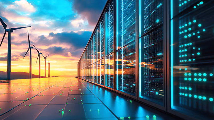 wind turbines powering a data center