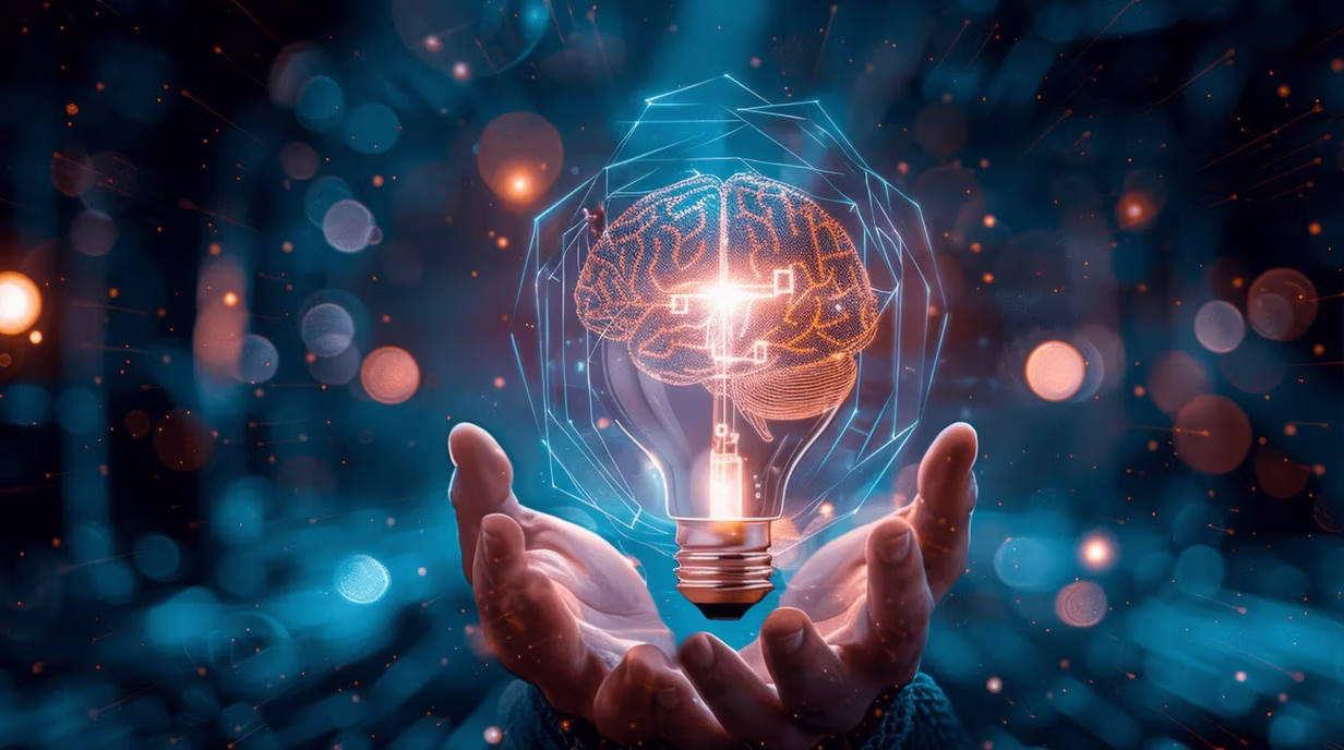 Innovation and Inspiration Concept: Businessman Holding Light Bulb and Digital Brain in Futuristic Technology Interface for AI Machine Learning
