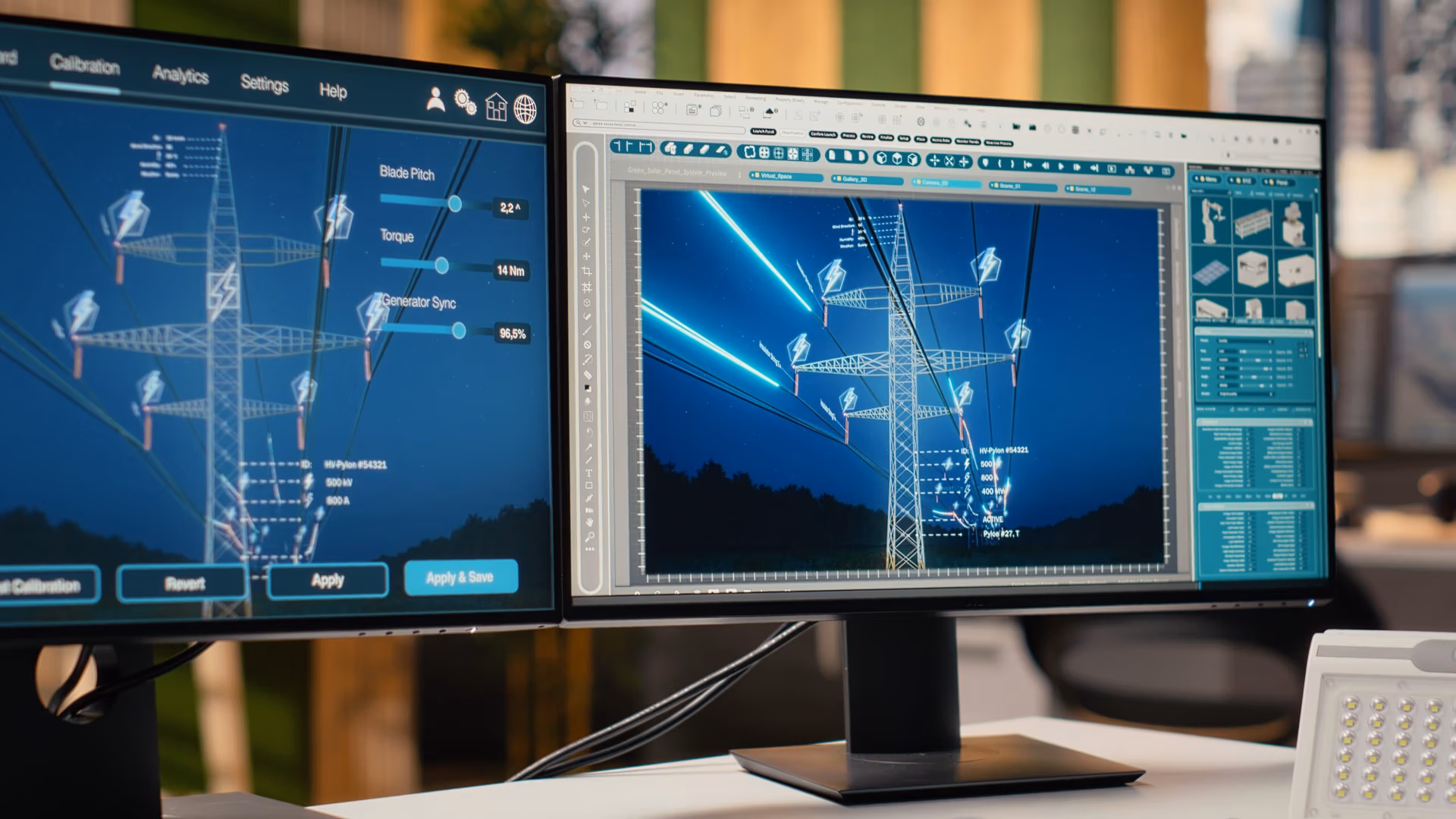 electrical grid infrastructure data providing insights for digital energy audits and system upgrades. Analytics dashboard on office PC evaluating transmission tower efficiency metrics
